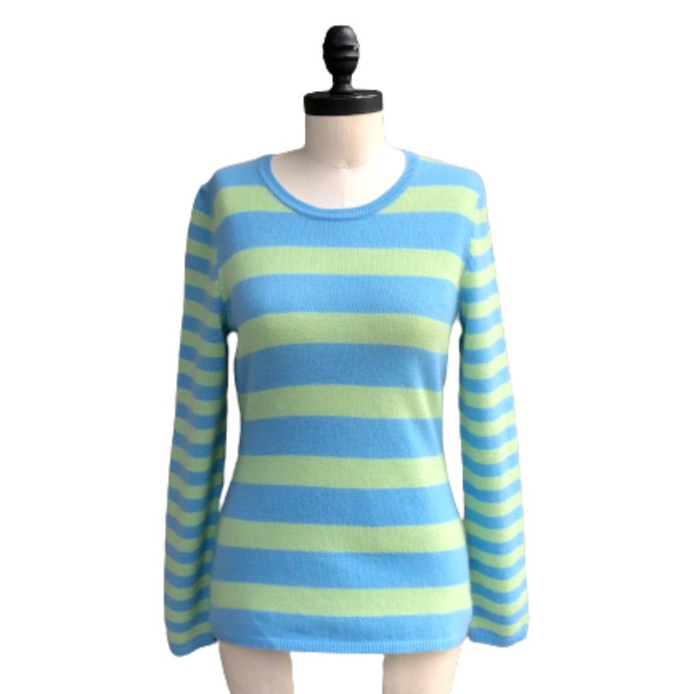 100% Cashmere Striped Stripes Blue Green Knit Sweater Top Medium